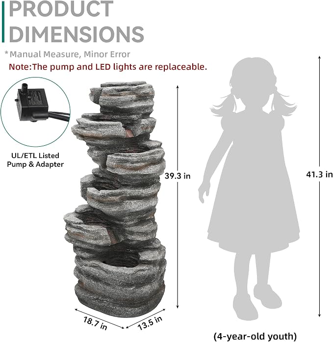Extra-Large Rock Outdoor Water Fountain with LED Lights | 6-Tier Cascading Waterfall for Garden Patio Porch, Weather-Resistant Polyresin Water Feature for Tranquil Oasis