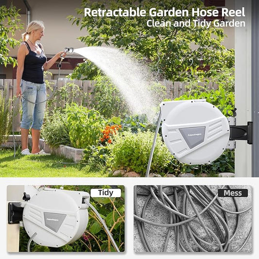 Garden Hose Reel Retractable 1/2 Inch x 100 ft, Wall Mounted with 10 Pattern Nozzle, Slow Return System and 180 Swivel, Gray
