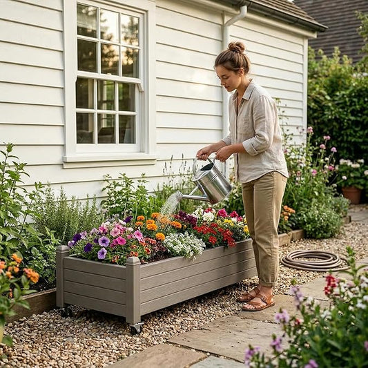 Fancyango Raised Garden Bed with Wheels 13.3" H -Gray | Resin Elevated Garden Planter Box with Drainage, Outdoor Planter Box for Veggies Herbs Patio Balcony Backyard