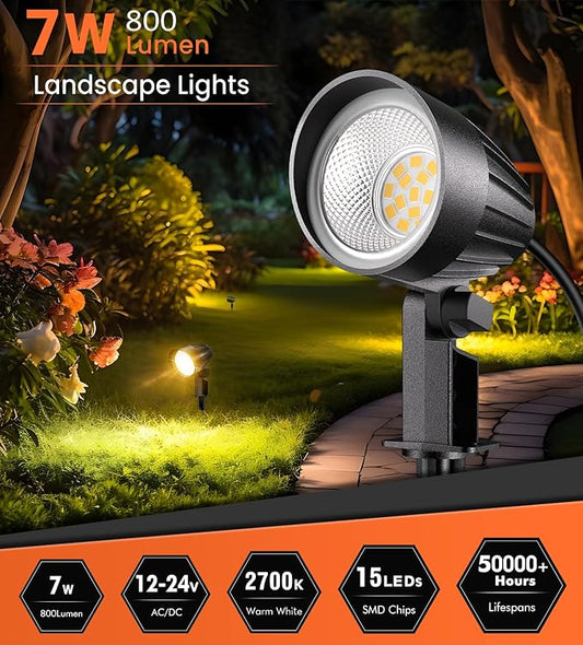 MEIKEE 7W 12V/24V Low Voltage Landscape Lights | 2700K Landscape Lighting IP66 Outdoor Spotlights Warm White Garden Lights with Connectors for Pathway Yard Patio 12 Pack