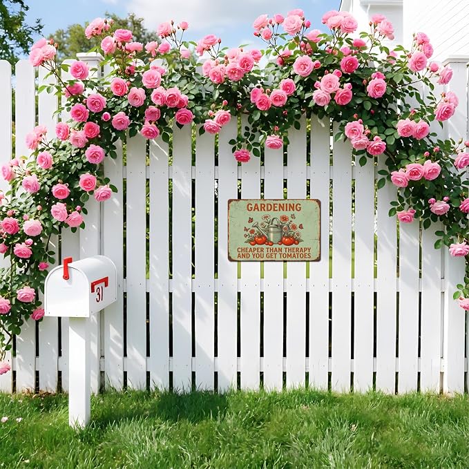 Funny Garden Metal Signs, Vintage Outdoor Wall Decor 12x8 Inch | Gardening Cheaper Than Therapy, Weatherproof Aluminum Sign for Patio Yard Greenhouse, Gift For Gardeners