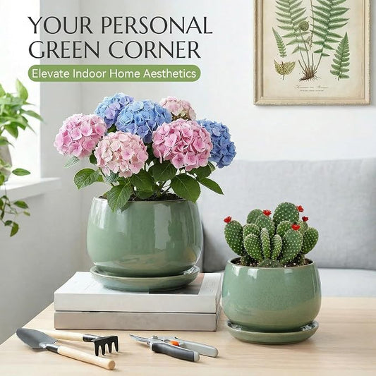 10.3 Inch Flower pots for Indoor Outdoor Plants with Saucer Drainage Leak-Proof Mesh, Ceramic Planter with Gardening Gloves for Succulent and Flower (Crackled Green)