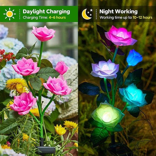 RECHOO Solar Garden Lights Outdoor, 3 Pack Solar Flower Lights with 15 Rose Flowers, Multi-Color Changing LED Waterproof Solar Lights, Garden Decor for Landscape Pathway, Gifts for Women