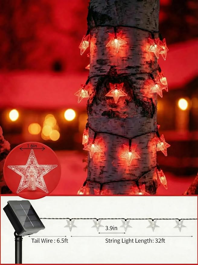 Solar Twinkle Star String Lights Outdoor Waterproof 39FT/100L Fairy Lights | 8 Modes Christmas Decor Camping Tree Party Yard Wedding Garden Red