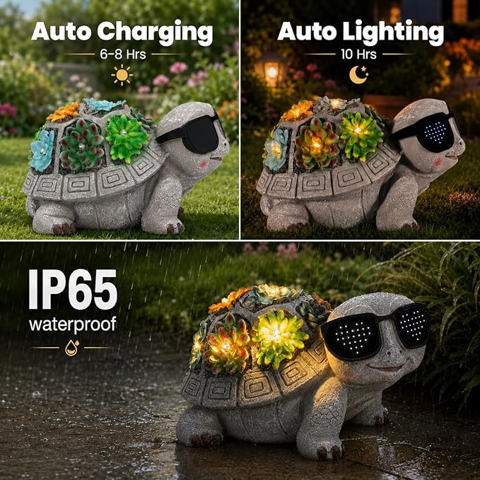 Unique Solar Garden Turtle Statue with I Love You LED Sunglasses and Succulent LED Lights, Lawn Decor Tortoise Figurine for Patio, Balcony Yard Ornament for Mom, Women & Grandma