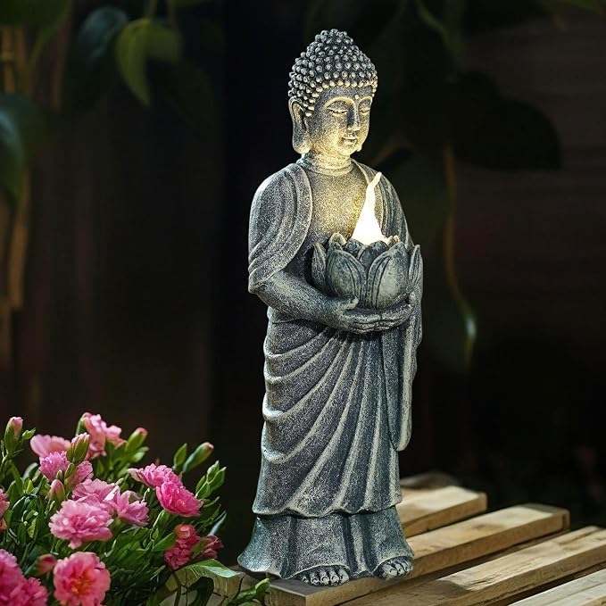 Solar Buddha Statue Outdoor - 11 Inch Tall Solar Outdoor Yard Zen Garden Decor - Ideal Gifts for Housewarming