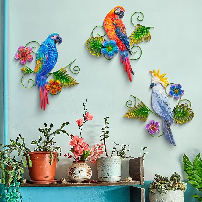 Metal Parrots Wall Decor Outdoor Hanging Sculptures Decor for Yard Garden | J-Fly Patio Garden Decoration Gifts Outdoor Bird Wall Decor-12 Inches Parrot Large Hanging Wall Decor 3 Pack