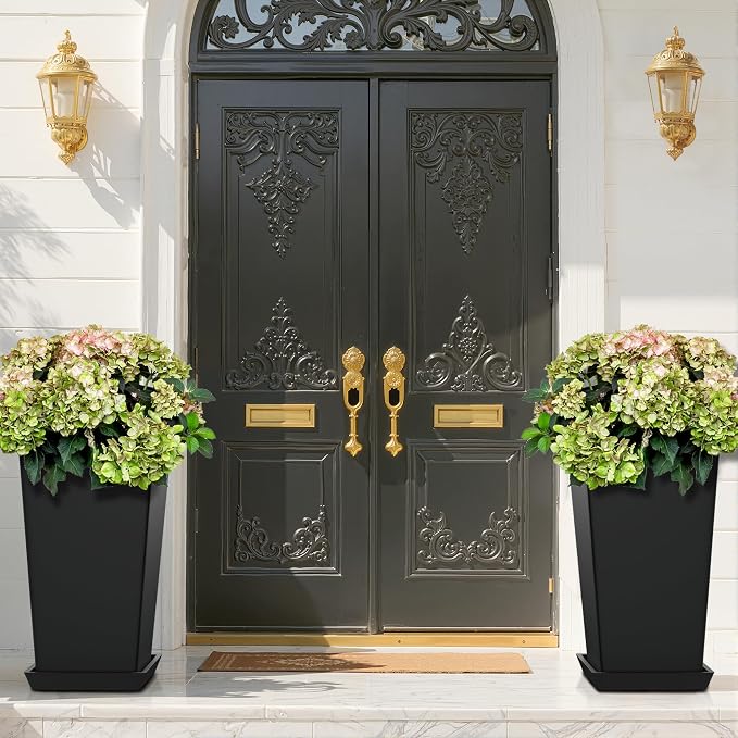FENCY Set of 2 Tall Planters for Outdoor Plants, Black | 24 Inch Plant Pots with Drainage Hole & Trays, Plastic Tapered Flower Pots for Plants, Weather-Resistant