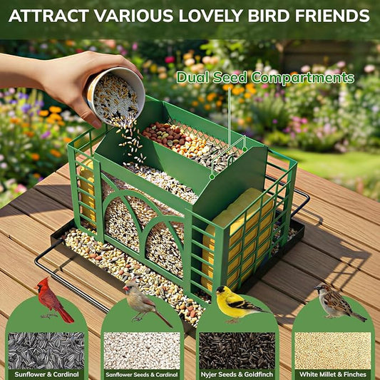 Bird Feeders for Outdoors Hanging, Metal Bird Feeder with Double Suet Cage Weatherproof Metal Roof, 3.5Lbs Large Capacity Great for Attracting Finch Cardinal Chickadee Wild Birds, Branch Green