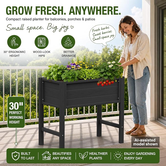 YEFU Raised Garden Bed with Legs: Compact Waterproof HDPS Outdoor Elevated Planter Box with Drainage Holes - 34x18x30 Inch for Patio/Balcony to Grow Vegetables/Herbs - 385 lbs Capacity, Black