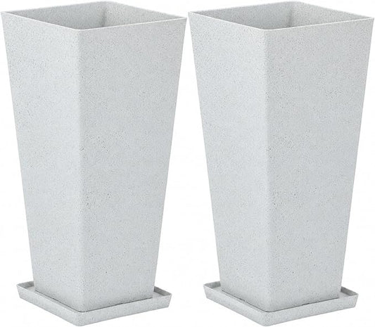 2-Pack 28" White Terrazzo Tall Tapered Planters with Drainage Holes | Set of 2 PP tall planters with white terrazzo finish, drainage plugs, and UV-treated surface for porch, patio, or indoors