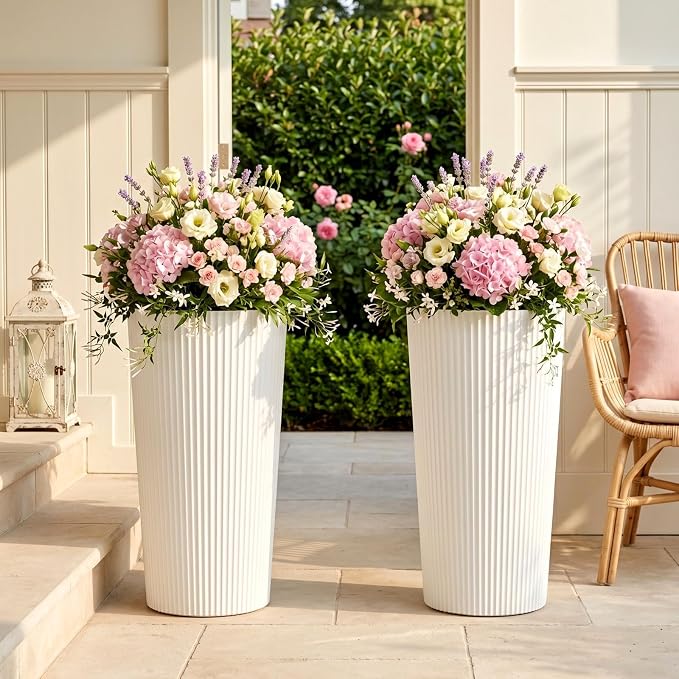 24" Tall Planters for Outdoor Plants with Insert, Set of 2 White | Large Outdoor Planters for Front Porch Decor with Drainage Hole, Plastic Striped Flower Pots Fits Indoor Plants Patio Garden