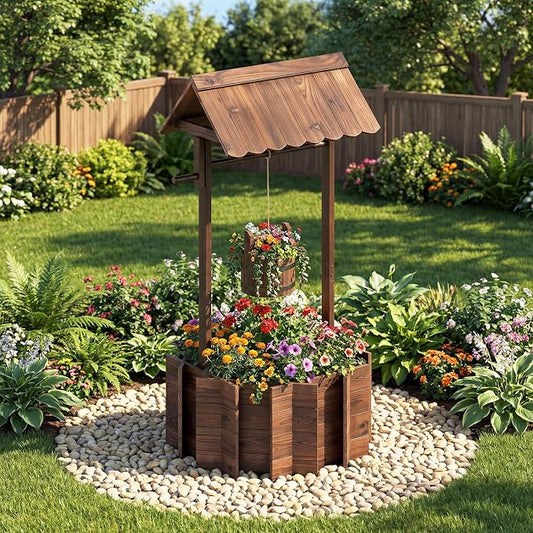 HAPPYGRILL Wooden Wishing Well Planter with Hanging Bucket, Flower Plants Planter, Outdoor Wishing Wells for Yard,Wishing Well Planters for Outside, Home Decor