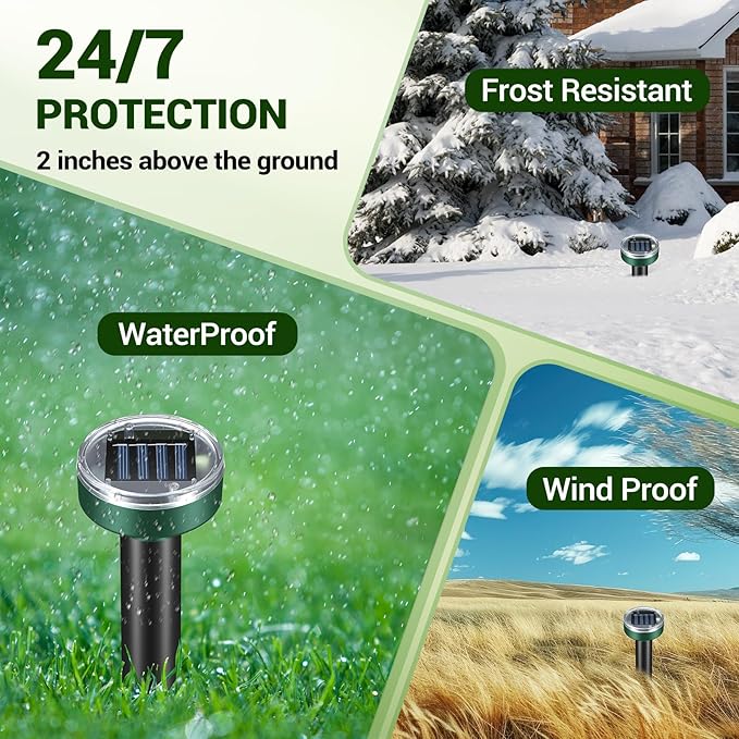 Mole Repellent for Lawns - Gopher Repeller Ultrasonic Solar Powered Vole Repellent Outdoor Waterproof Rat Deterrent Spikes Repellent Snake,Chipmunk,Groundhog,Sonic Mole Stakes for Garden,Yard