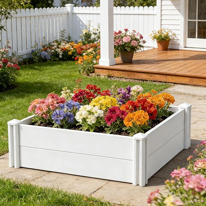 4'x4'x12 White Vinyl Raised Garden Bed Kit | Screwless Modular Planter Box | Outdoor Above Ground Bed for Vegetables, Herbs, Flowers & Whelping Pen