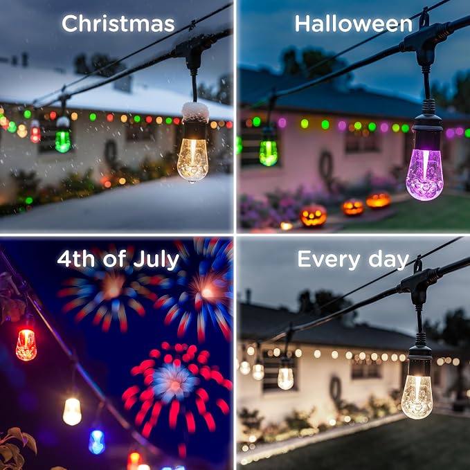 Enbrighten Vibe Vintage Outdoor String Lights Gen 2, 48ft, 24 RGBWIC Acrylic Bulbs, Weatherproof, Perfect for Gameday, Holidays, and More, Smart App Control, Compatible with Alexa, Google Home, 86128