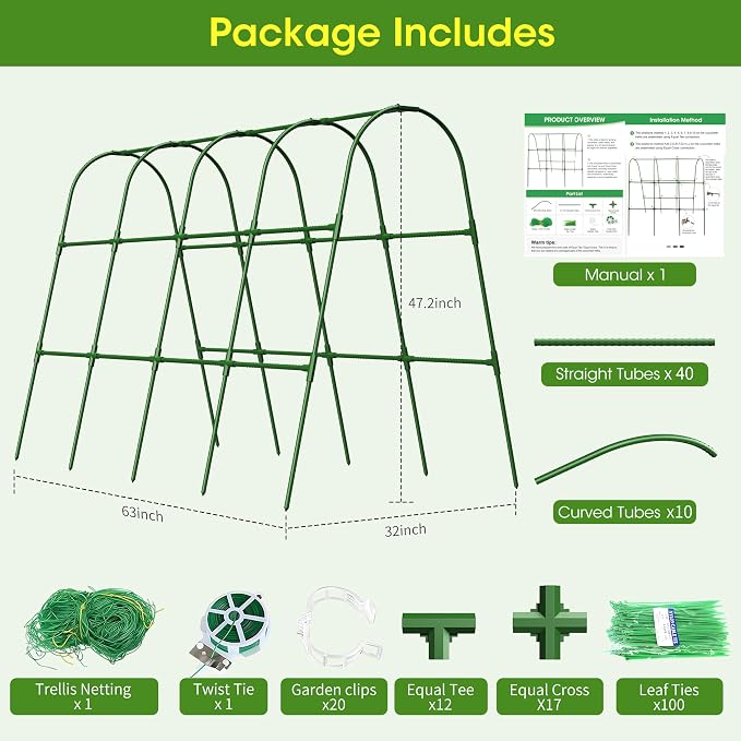 Cucumber Trellis for Raised Bed,U-Shape Garden Trellis for Climbing Plants Outdoor, Metal Arch Vegetables Trellis, Plant Support for Vine (Green, 63" Lx21.6 Wx47.2 H-Large)