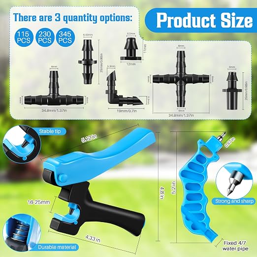 Feekoon Drip Irrigation Hole Punch Tool, 2 in 1 Drip Tubing Punch and Fitting Insertion Tool for 1/4 Inch Emitters, 16 20 25mm PE Pipe, Garden Repair(Blue,345 Irrigation Plugs)