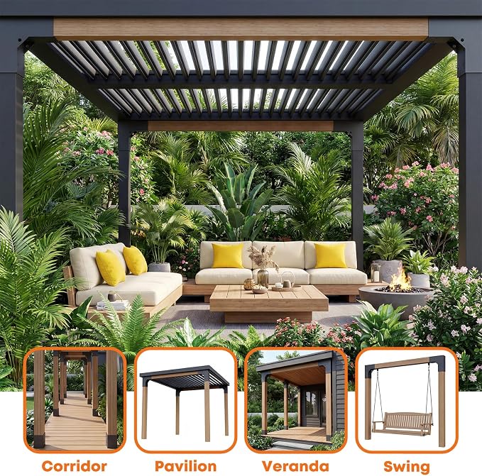 4 Pcs Pergola DIY Bracket Kits, 2-Way L Shaped Corner Brackets for 4" x 4"(Actual:3.5" x 3.5") Indoor and Outdoor Wood Post Structures, DIY 90° Right Corner Brackets, for Gazebos, Patios, Porchs