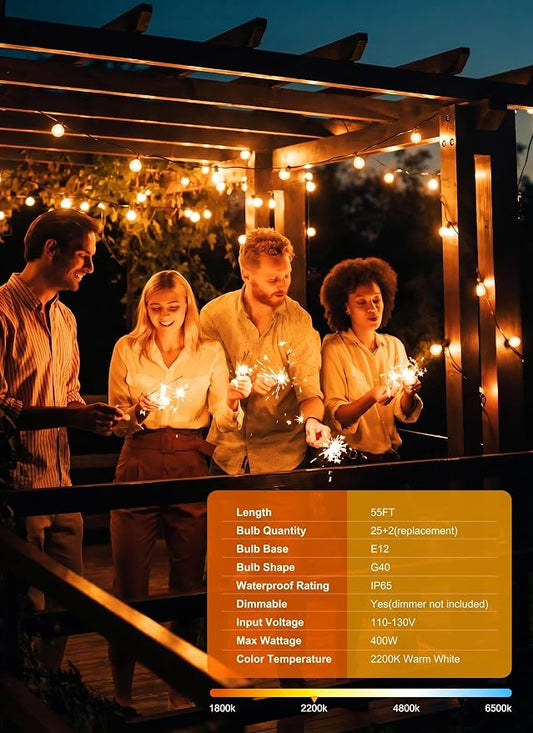 Brightown Outdoor String Lights, 50+5FT 25 G40 Bulbs Shatterproof Patio Lights, IP65 Waterproof Dimmable Hanging Connectable Globe LED Outdoor Lights for Christmas, Backyard, Bistro, Porch