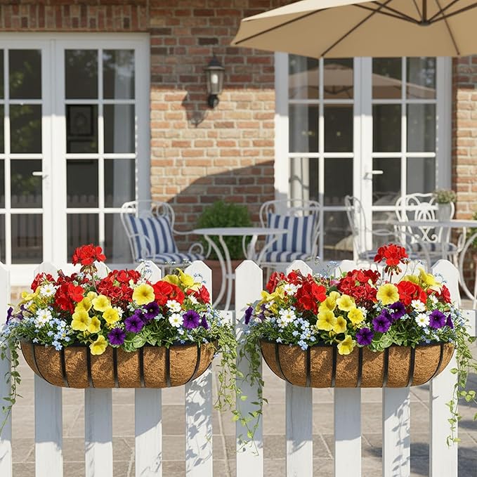 EIMQUVW 30 Inch Railing Planter Window Box Deck Balcony Rail Planter with Coco Liner Metal Wall-Mounted Coconut Liner Basket English Horse Trough for Outdoor Balcony Porch Fence Patio (2 Pack)