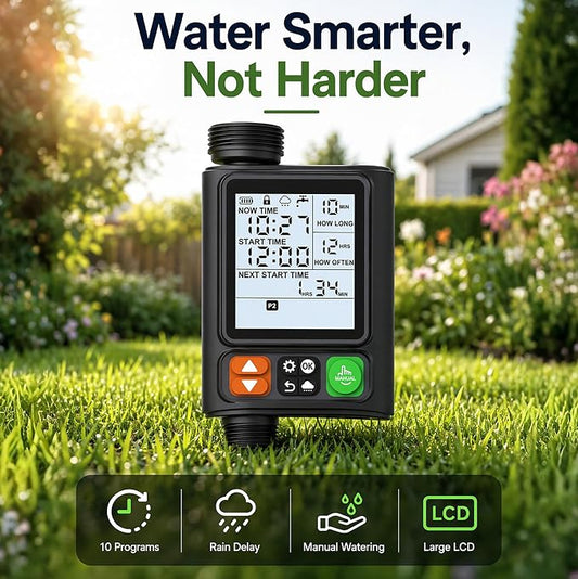 Sprinkler Timer for Garden Hose,3.3" LCD Display,10 Independent Watering Programs,Automatic Rain Delay,Outdoor Faucet Water Timer with Manual Mode,IP54 Waterproof for Lawn Yard Irrigation