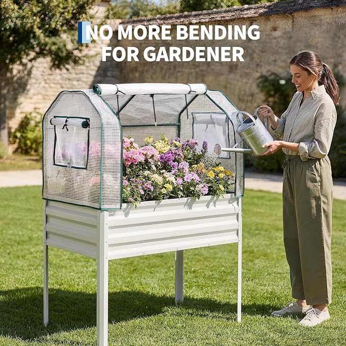 48×24×55in Large Metal Raised Garden Bed with Legs and Cover, Galvanized Oval Raised Bed Planter with Leg for Vegetables and Flowers, Build-in Spray Tube Effortless Watering | Elevated metal planter with built-in 3-spray nozzle watering system, drain t...