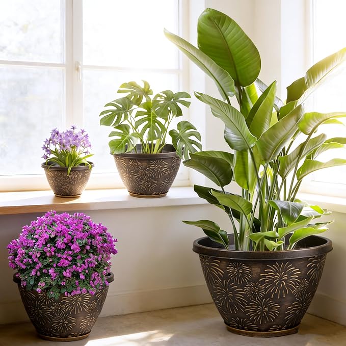 Nooulap 4 Pack 16 Inch Large Plant Pots with Drainage Holes and Saucers,Firework Embossed Plastic Planters, Flower Pots for Indoor Outdoor, Perfect for Large Plants, Trees, Patio and Home Decor