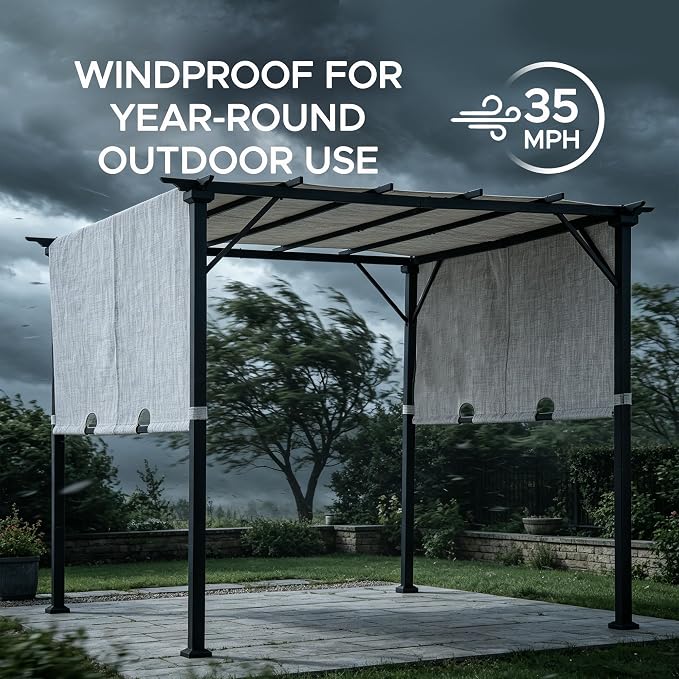 Sunjoy 9 x 9 ft. Pergola, Outdoor Patio Matte Black Steel Classic Frame Pergola with Retractable White Canopy Shade for Backyard, Garden Activities, Light Gray