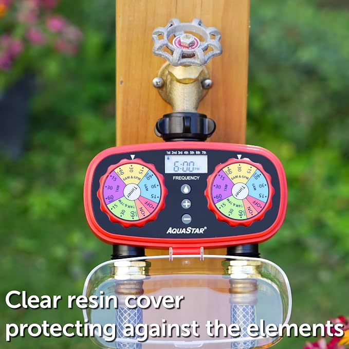 AQUASTAR Two-Zone Hose Watering Timer (Red) Garden Hose Sprinkler Timer, Automatic Irrigation for Lawn, Garden, Yard, Two Outlets