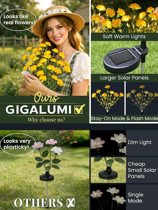 GIGALUMI Solar Lights Outdoor for Garden Decor, 4 Pack Solar Flower Lights Waterproof, 2 Lighting Modes 28 Carnations for Pathway,Yard, Patio Decoration, Gardening Gifts for Women (Yellow)
