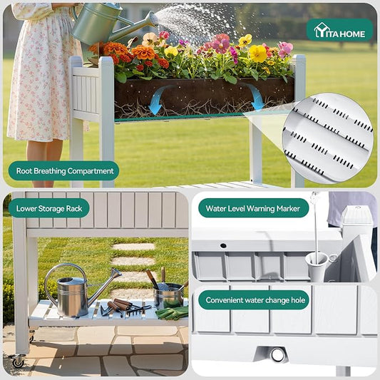 YITAHOME 3.6x1.5x2.8 FT Elevated Garden Bed Kit with Legs and Wheels, Outdoor Large Resin Planter Box Stand with Drain Plug and Storage Shelf for Plants Vegetables Fruits, Grayish-White