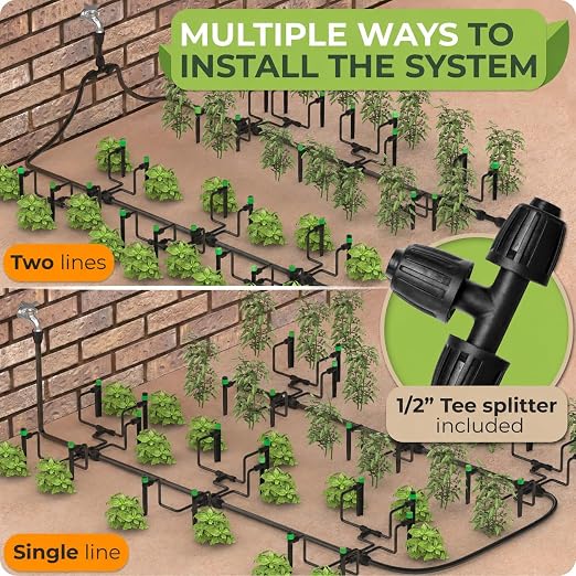 CARPATHEN Drip Irrigation System Kit - Pressure Optimised Garden Watering System w 15pcs 360° Atomizing Nozzles, 16 Adjustable Drip Emitters 5/16 and 1/4 Tubing - Complete Watering Spray System