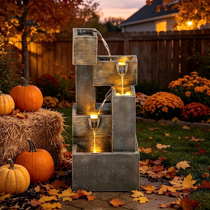 AUTODAYA 32.5" 5-Tier Stacked Blocks Fountains LED Cascading Waterfall | outdoor modern concrete texture, garden patio deck backyard,Porch or Home Décor