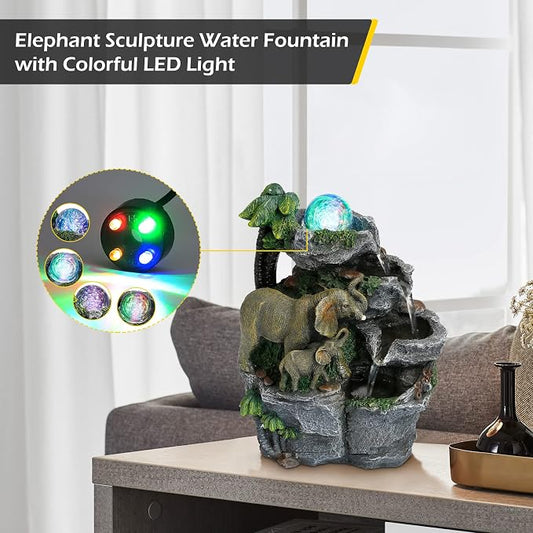 Dyna-Living Elephant Fountain Tabletop Waterfall Fountain Indoor with LED | Colorful Light Water Fountains and Waterfalls with Rolling Ball, Quiet Pump with OFF/ON Switch, Zen Home & Office Desk Décor