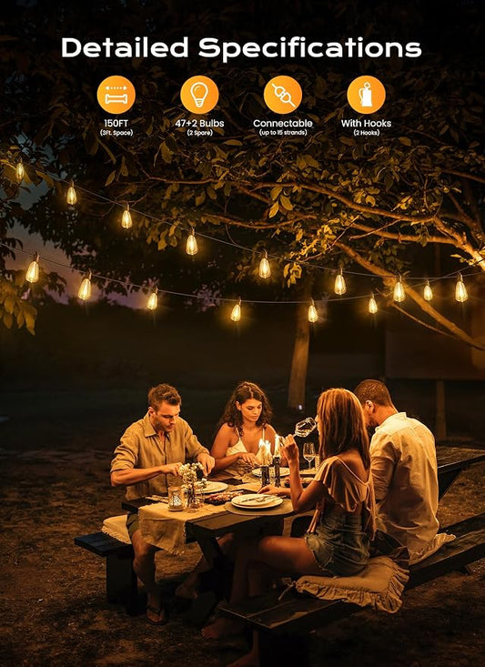 Brightown Outdoor String Lights, 150FT 47+2 LED ST38 LED Patio Lights Shatterproof, Dimmable IP65 Waterproof Connectable Hanging Outdoor Light for Backyard, Porch, Deck, Balcony