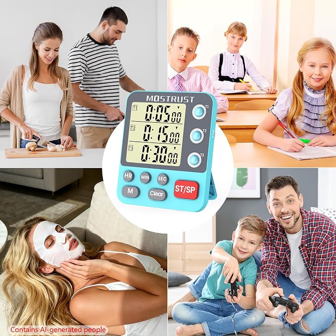 Digital Dual Kitchen Timer, 3 Channels Countdown Triple Timer for Cooking, Magnetic Memory-Preset Large-Display Adjustable Alarm Volume, Multi Times Management, 3A Battery Included, Blue