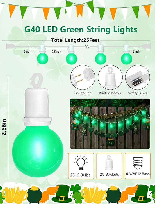 LED St. Patrick's Day String Lights, 25Ft St Patricks Decorations Outdoor | 25+2 G40 Round Bulbs, Connectable, Hanging Patio Lights Shatterproof for Indoor Home Decor Party, White Wire, Ceramic Green