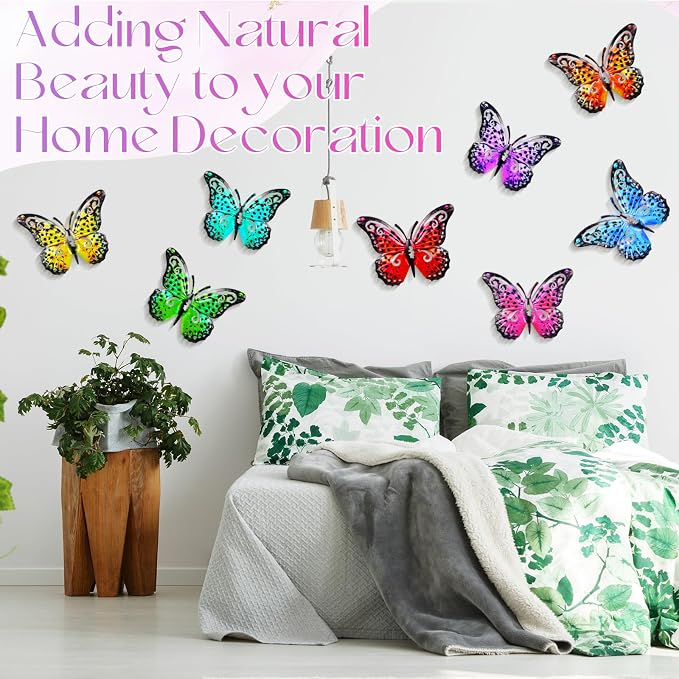 Jetec 8 Pcs Metal Butterfly Wall Decor 6.5 Inch Outdoor Butterflies Wall Art Sculpture 3D Butterfly Hanging Decoration for Spring Outside Fence Garden Yard Home Patio Balcony(Bright Style)