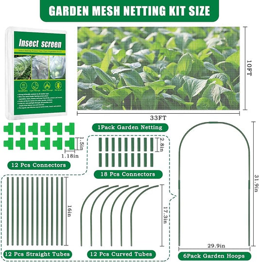 10 X 33 FT Garden Mesh Netting Kit Pest Barrier for Raised Beds, Fruit Tree Netting with 6 Sets Garden Hoops & 12 Clips for Cicadas Bird Insect, Blueberry Bush Netting Cover for Garden Protection