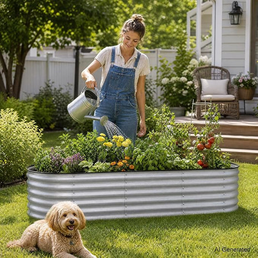 Aoodor 17" Tall Oval Galvanized Raised Garden Bed Kit, 6-in-1 Large Metal Outdoor Planter Box for Vegetables, Flowers, and Herbs, 7.5 x 2.3 x 1.5 Ft, Silver