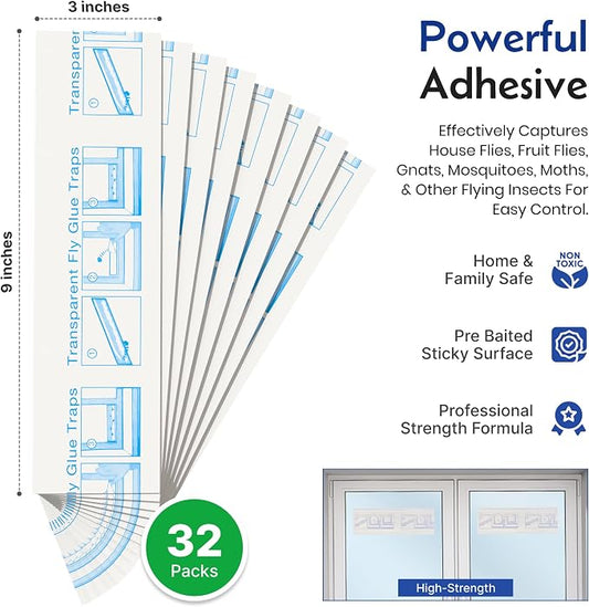 Fly Traps Sticky Window – 32 Pack | Pre-Baited, Odorless Pest Control for Fruit Flies, Gnats, Mosquitoes, and Moths – Effective Indoor Fly Paper Strips