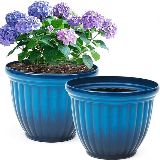 Autodaya 15" Large Flower Pots Set of 2 Plastic Planters for Outdoor Plants | Plant Pot with 3D Textures, Gradient Cobalt Blue Glaze, Weather-Resistant for Porch, Garden, Patio or Indoor Use