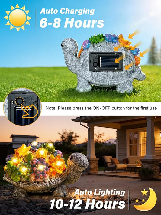 Guhope Solar Garden Statues, Outdoor Turtle Decor with Succulent and 8 LED Lights, Resin Outside Yard Figurine Decor for Garden, Yard, Lawn, Balcony, Porch, Gifts for Mom Grandma