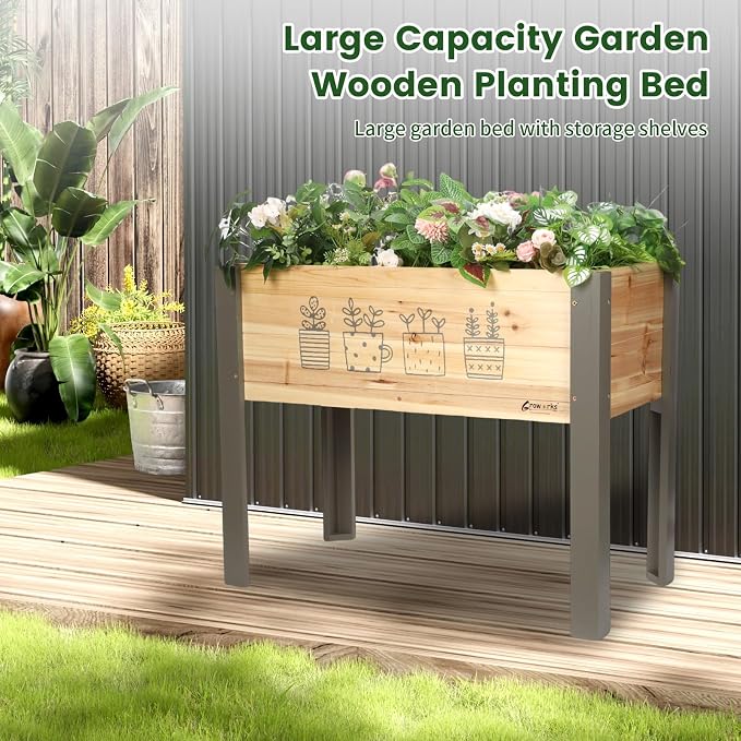 Raised Garden Bed for Kids - 30”L*16”W*24”H Elevated Wooden Planter Box Stand, Backyard, Patio, Balcony w/Bed Liner, 170lb Capacity (Green)