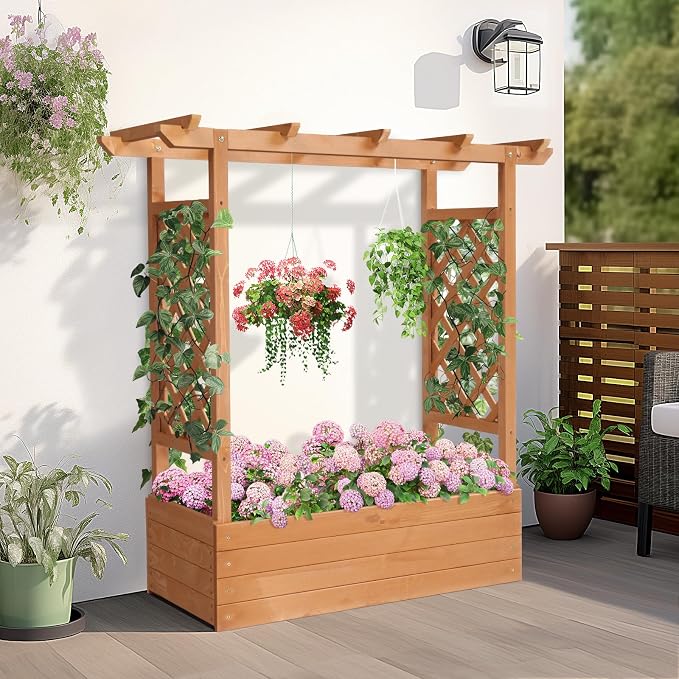 Outvita Raised Garden Bed with Trellis, Wood Planter Box with Hanging Roof, Side Trellis and Drainage Holes, Above Ground Elevated Garden Bed for Outdoor Climbing Plants Vines Vegetables (Teak Color)