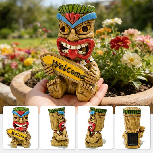 Suyorpe Miniature Tiki Garden Statue Solar Outdoor Decorations - Tiki Bar Welcome Sign Lights for Patio Yard Lawn Ornaments Gifts for Birthday Housewarming Summer 3.2''(W) x 3.4''(D) x 5.9''(H)