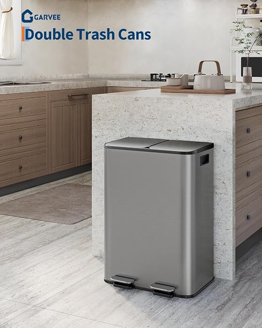 Dual Kitchen Trash Can 2x8 Gal Fingerprint-Proof Stainless Steel Matte Grey | 2 Removable Inner Buckets Step Pedal Soft-Close Lid 2x30L Double Compartment Garbage Can Recycling Bin Modern Kitchens