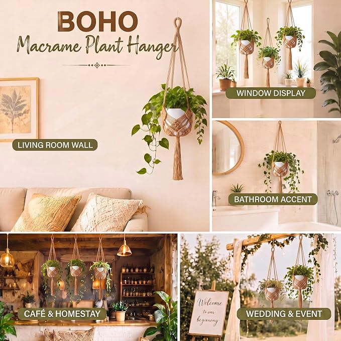 Shappy 2 Pack Boho Macrame Plant Hanger, Large Hanging Planter Plant Holder Pot Hanger Hanging Basket Wall Planters, Plants Lover Gift for Indoor Garden (Diamond Knot Macrame,Jute Color)