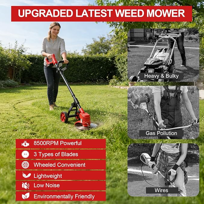 Electric Weed Wacker, 650W Cordless Weed Trimmer with Wheels, 2x2.0Ah 21V Battery Powered Weed Eater, String Trimmer Brush Cutter, Lawn Mower Edger Lawn Tool for Garden Yard